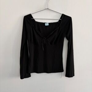 Agaci Too Womens Black Long Sleeve Lace Trim V-Neck Top Y2K